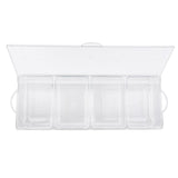 A clear polystyrene bar condiment holder by TableCraft Products with a hinged lid is shown open. Inside, four equally sized rectangular compartments are arranged in a single row. Small handles are on each end, and all compartments are empty.