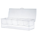 A clear polystyrene condiment holder with a hinged lid, divided into six equal compartments. This TableCraft Products box is empty and features a small handle on top for easy opening, set against a plain white background.