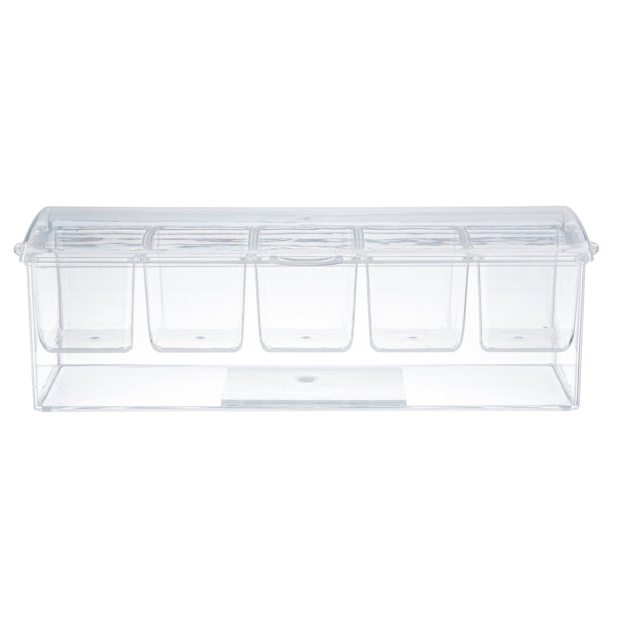 A clear polystyrene condiment holder with four compartments and a hinged lid, shown from the front. This TableCraft Products bar condiment holder is empty and transparent, revealing the separate sections inside.