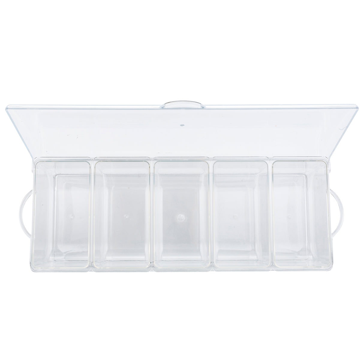 A clear polystyrene condiment holder with five rectangular compartments and a hinged, transparent lid, viewed from above. The container is empty and open, revealing all inner sections. Two small handles are visible on each end.