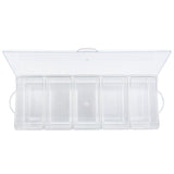 A clear polystyrene condiment holder with five rectangular compartments and a hinged, transparent lid, viewed from above. The container is empty and open, revealing all inner sections. Two small handles are visible on each end.