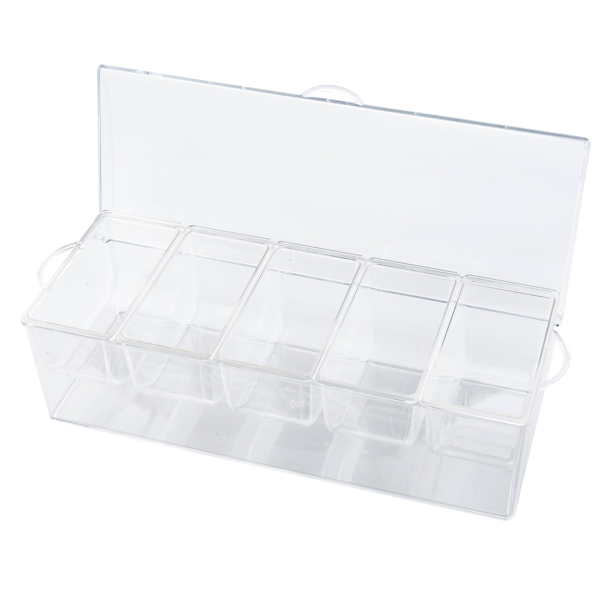 A clear polystyrene condiment holder with a hinged lid, featuring six equally sized compartments inside. This transparent bar condiment holder by TableCraft Products lets you easily view the contents at a glance.