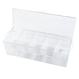 A clear polystyrene condiment holder with a hinged lid, featuring six equally sized compartments inside. This transparent bar condiment holder by TableCraft Products lets you easily view the contents at a glance.