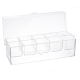 A clear polystyrene condiment holder with eight square compartments and a hinged, transparent lid. Shown at an angle, this TableCraft Products bar condiment holder emphasizes organization and visibility of contents.