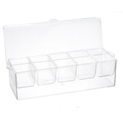 A clear polystyrene condiment holder with eight square compartments and a hinged, transparent lid. Shown at an angle, this TableCraft Products bar condiment holder emphasizes organization and visibility of contents.