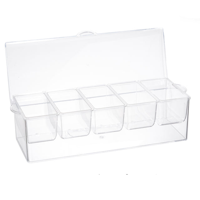 A clear polystyrene condiment holder with eight square compartments and a hinged, transparent lid. Shown at an angle, this TableCraft Products bar condiment holder emphasizes organization and visibility of contents.