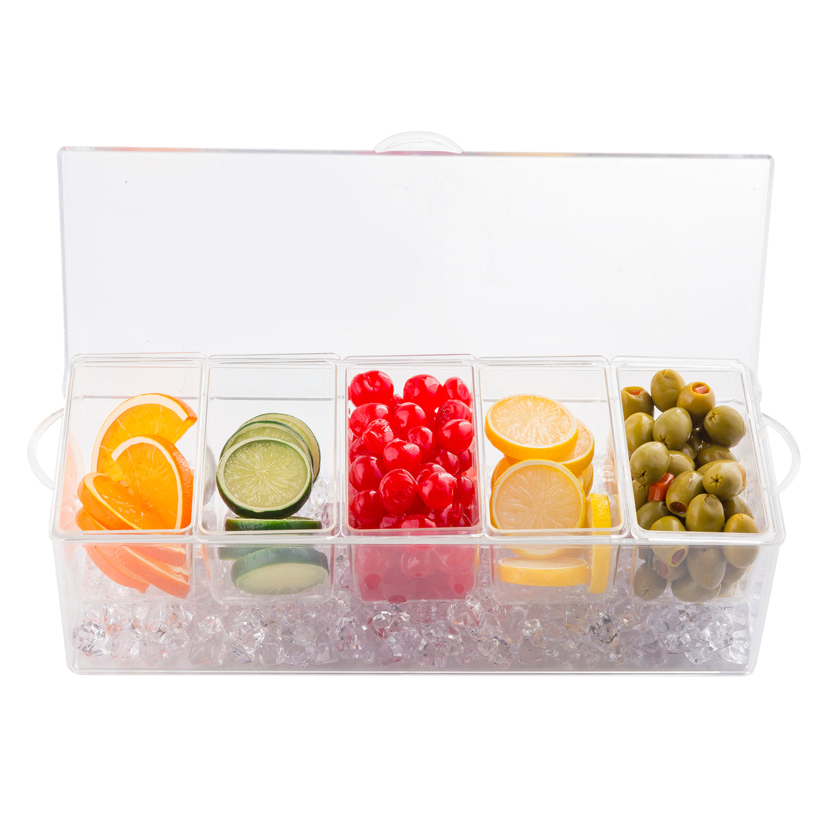 A clear TableCraft Products bar condiment holder with five compartments holds orange slices, lime slices, red cherries, lemon slices, and green olives. The polystyrene condiment holder is filled with ice and topped with a transparent lid, viewed from above.