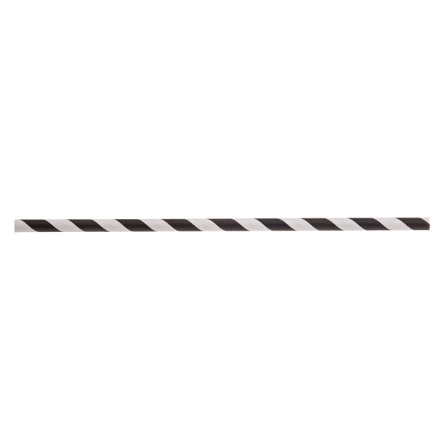 A single black striped paper straw lies horizontally on a white background. The straw features a diagonal spiral pattern alternating between black and white stripes along its entire length—perfect for use as cocktail straws.