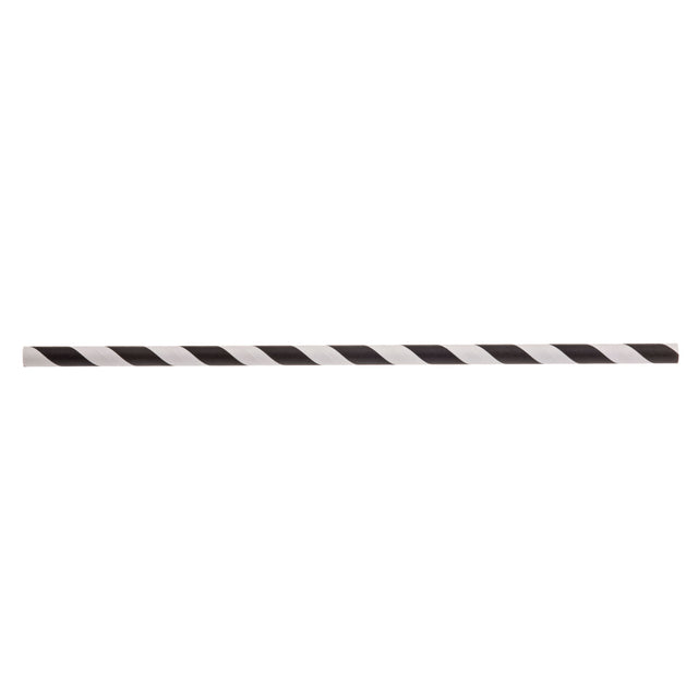A horizontal black and white striped pole, resembling black striped straws or cocktail straws, with evenly alternating diagonal bands, isolated on a white background. The straight cylindrical pole is centered in the image.