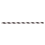 A single black striped paper straw with a diagonal pattern is shown on a plain white background. The straight, cylindrical straw is oriented horizontally across the center of the image.
