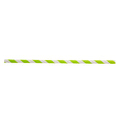 A single TableCraft green striped paper straw with diagonal green and white stripes is shown against a plain white background. The straw is straight, cylindrical, and unbent, running horizontally across the image.