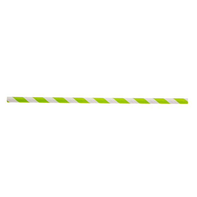 A single TableCraft green striped paper straw with diagonal green and white stripes is shown against a plain white background. The straw is straight, cylindrical, and unbent, running horizontally across the image.