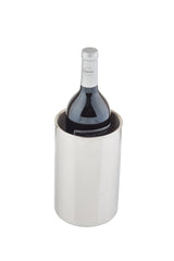 A dark wine bottle with a silver foil top rests inside a shiny, double wall stainless steel Wine Server on a white background. The cylindrical, reflective cooler keeps the wine perfectly chilled.