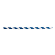 A single TableCraft paper straw with diagonal blue and white stripes is shown against a plain white background. The design alternates evenly, creating a classic, clean appearance. The blue striped straw appears unused and is centered horizontally.