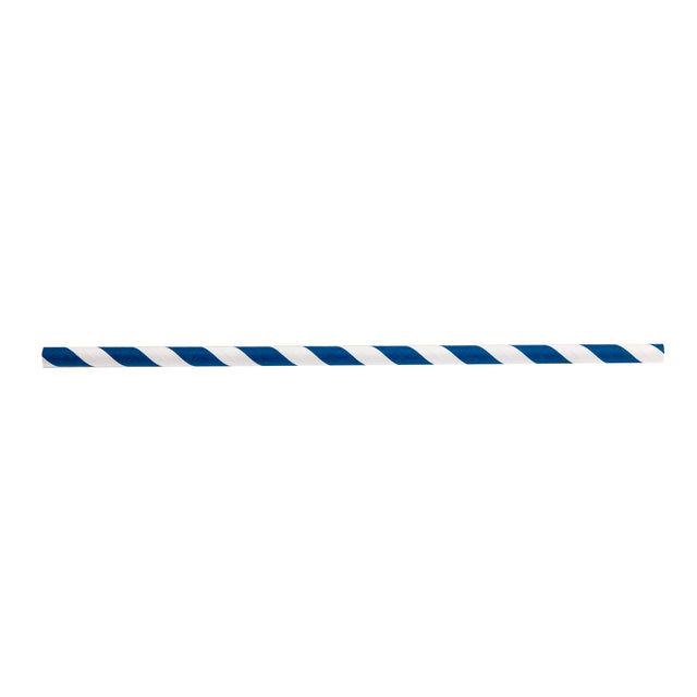 A single TableCraft paper straw with diagonal blue and white stripes is shown against a plain white background. The design alternates evenly, creating a classic, clean appearance. The blue striped straw appears unused and is centered horizontally.