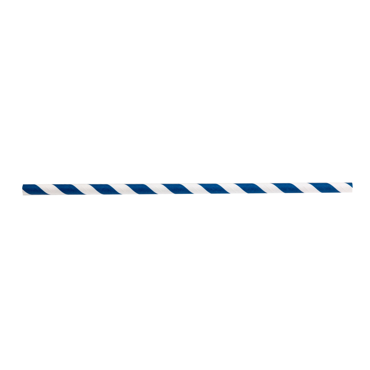A single blue striped paper straw with diagonal white accents, placed horizontally on a plain white background.