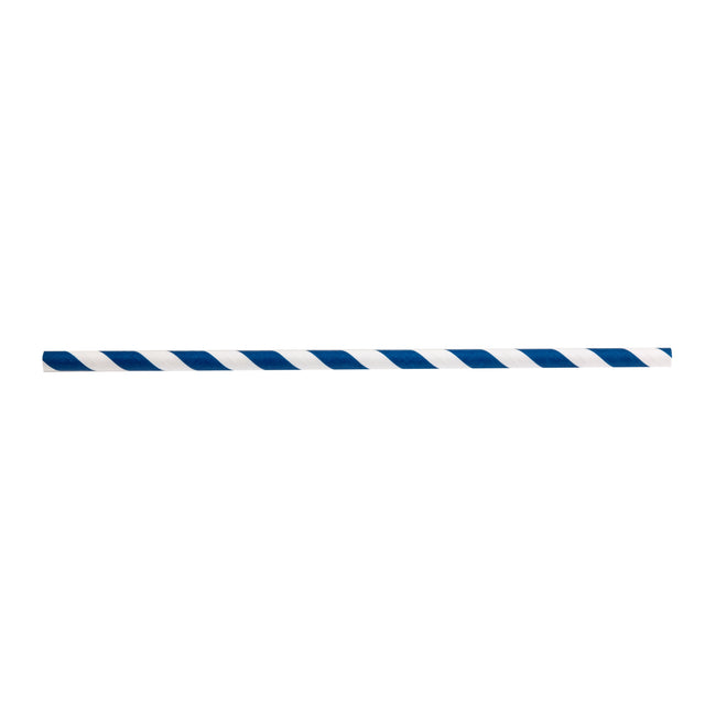 A single blue striped paper straw with diagonal white accents, placed horizontally on a plain white background.