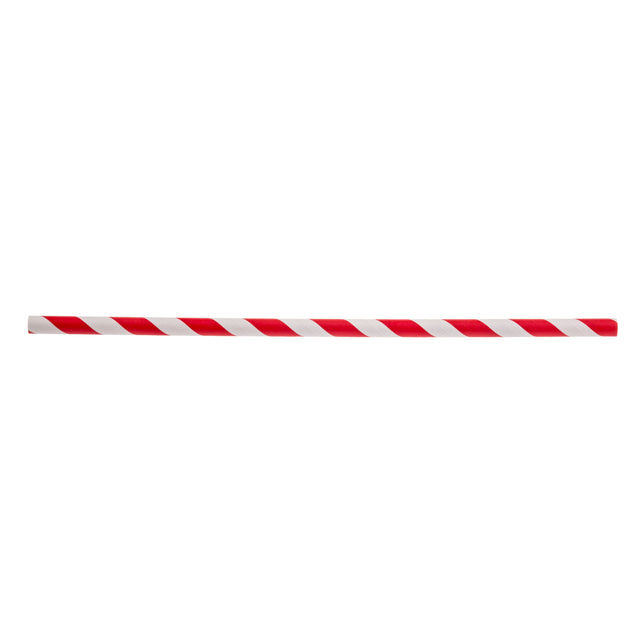 A single TableCraft paper straw with diagonal red and white stripes is shown horizontally on a plain white background. The pattern resembles a classic candy cane stripe.