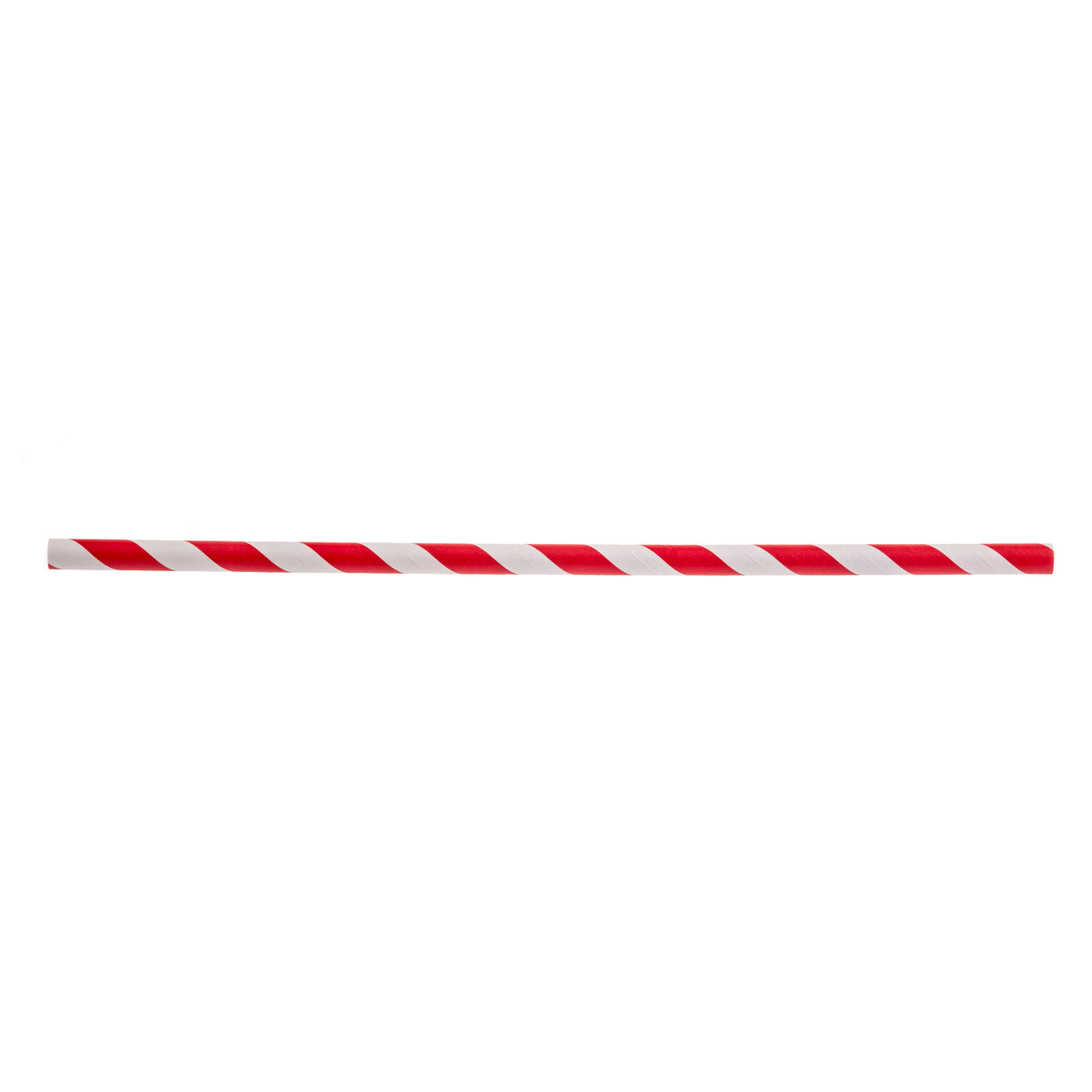 A single straight red striped straw with diagonal candy cane-like patterns, positioned horizontally against a white background. This paper straw brings a classic look to any drink or party setting.
