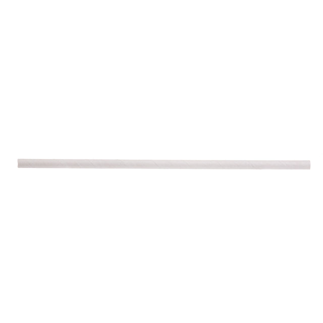 A single white paper straw is centered on a plain white background. The straw is straight, cylindrical, and slightly textured, with subtle diagonal lines indicating its spiral construction—a simple example of classic paper straws.