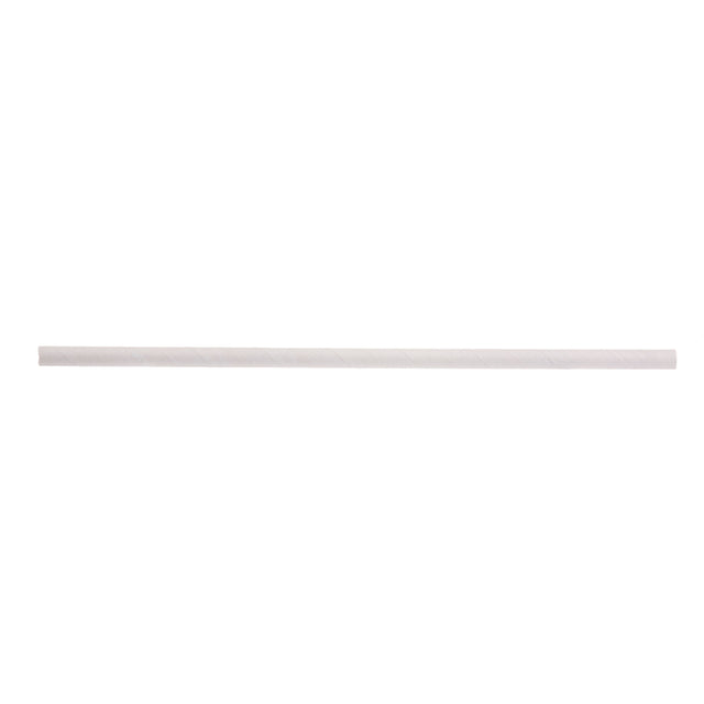 A single 10 inch white paper straw is shown horizontally against a plain white background. The straw is straight, unbent, and cylindrical with subtle spiral lines highlighting its paper construction.