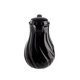 A glossy black coffee decanter with a curved, bulbous shape and swirl pattern features triple wall insulation. It has a spout, a lid with a small handle, and a reflective surface. The background is white.