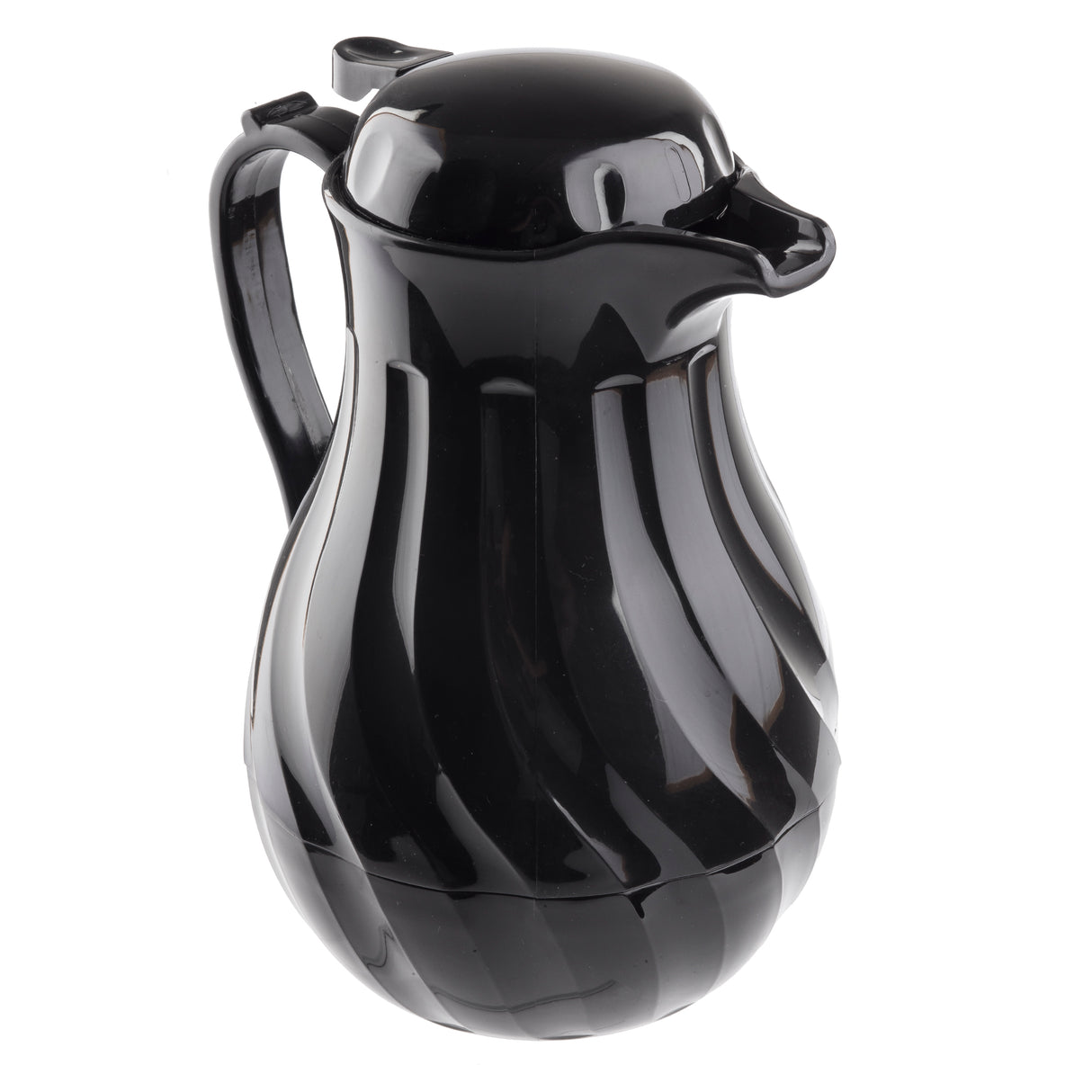 A glossy black plastic 20 oz thermal carafe with a curved handle and spout. The twisted, ribbed body features triple wall insulation, while the rounded lid has a small tab. The surface reflects light, emphasizing its smooth texture.