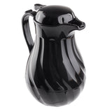 A glossy black plastic 20 oz thermal carafe with a curved handle and spout. The twisted, ribbed body features triple wall insulation, while the rounded lid has a small tab. The surface reflects light, emphasizing its smooth texture.