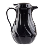 A glossy black 20 oz insulated coffee decanter with a curved handle, spout, and rounded dome lid. The fluted body features wavy lines for decorative texture. This carafe, with triple wall insulation, is photographed against a white background.