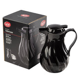 A glossy black coffee decanter with a curved handle and swirl design sits next to its box. The box displays an image of the 20 oz carafe, product details, and features like triple wall insulation in white text on a black background.