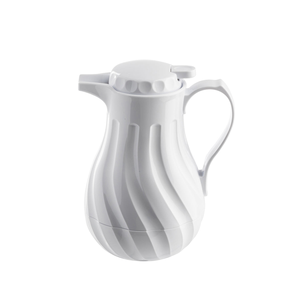 A white TableCraft coffee decanter with triple wall insulation, featuring a curved handle, textured wave-like grooves, and a short spout. The lid has a small tab for easy opening. The background is plain white.