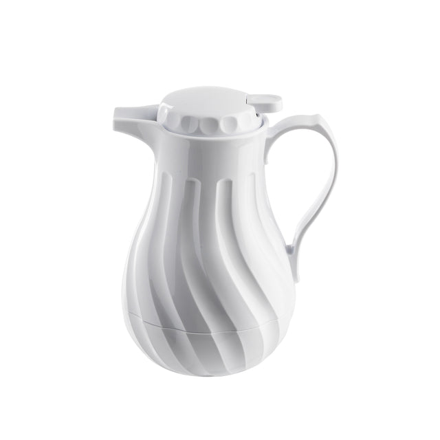 A white TableCraft coffee decanter with triple wall insulation, featuring a curved handle, textured wave-like grooves, and a short spout. The lid has a small tab for easy opening. The background is plain white.