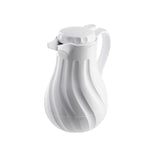 A white, modern TableCraft plastic thermal carafe with a twist-off lid and curved handle. Its triple wall insulation and vertical, spiral ridges create a geometric pattern. The Coffee Decanter stands on a white background with soft shadows.
