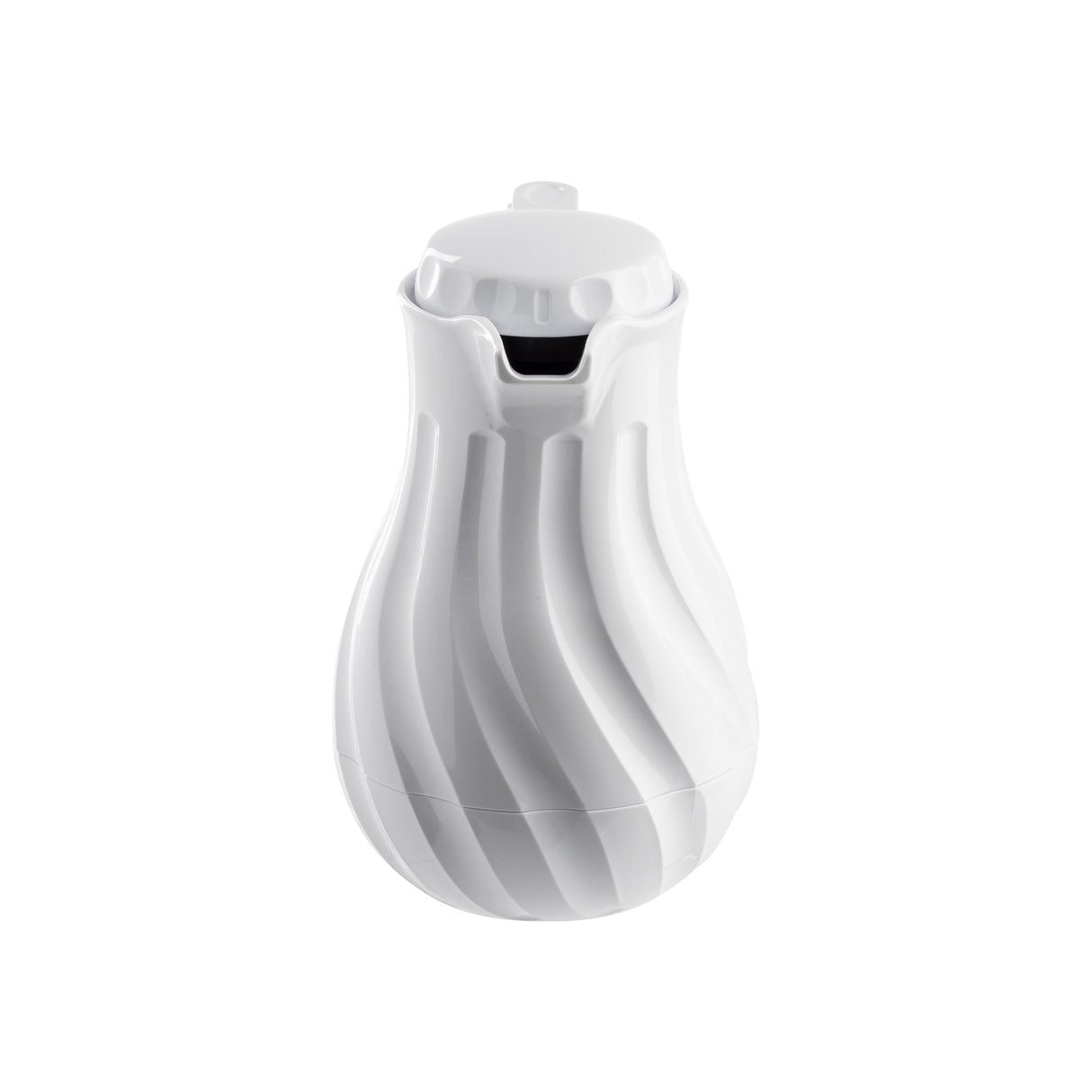 A white, glossy, sculpted TableCraft pitcher with a curvy swirl pattern and spout. Bulbous at the base and narrowing to the top with a fitted lid, this modern coffee decanter features sleek lines and triple wall insulation for lasting temperature control.