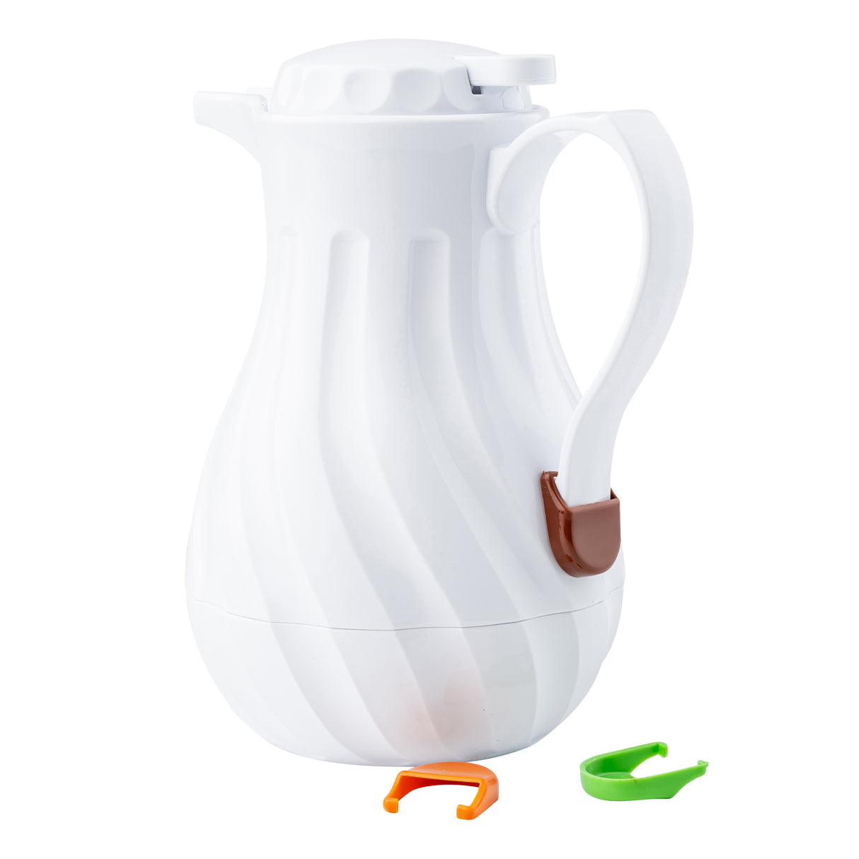 A white, textured Coffee Decanter with a curved handle sits upright. The handle has a brown clip attached, and two additional clips—one orange and one green—lie in front, showcasing TableCraft's triple wall insulation on a white background.