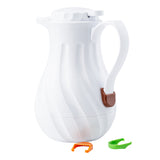 A white, textured Coffee Decanter with a curved handle sits upright. The handle has a brown clip attached, and two additional clips—one orange and one green—lie in front, showcasing TableCraft's triple wall insulation on a white background.