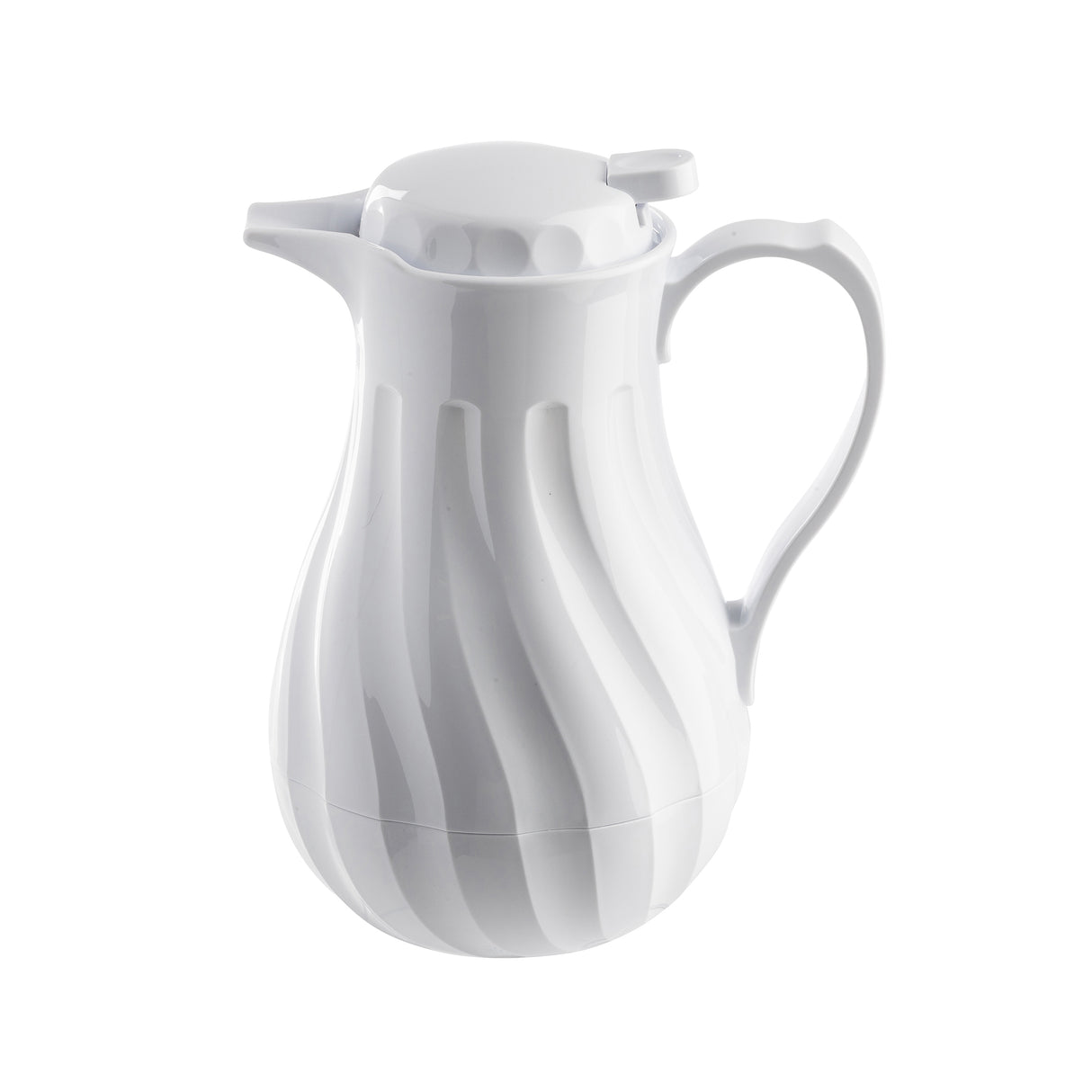 A white, glossy Coffee Decanter with a curvy, ribbed design, large handle, and hinged spout lid. The 40 oz carafe features triple wall insulation and sits on a plain white background, highlighting its polished and modern appearance.