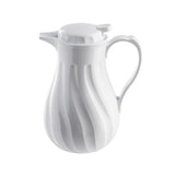 A white, glossy Coffee Decanter with a curvy, ribbed design, large handle, and hinged spout lid. The 40 oz carafe features triple wall insulation and sits on a plain white background, highlighting its polished and modern appearance.