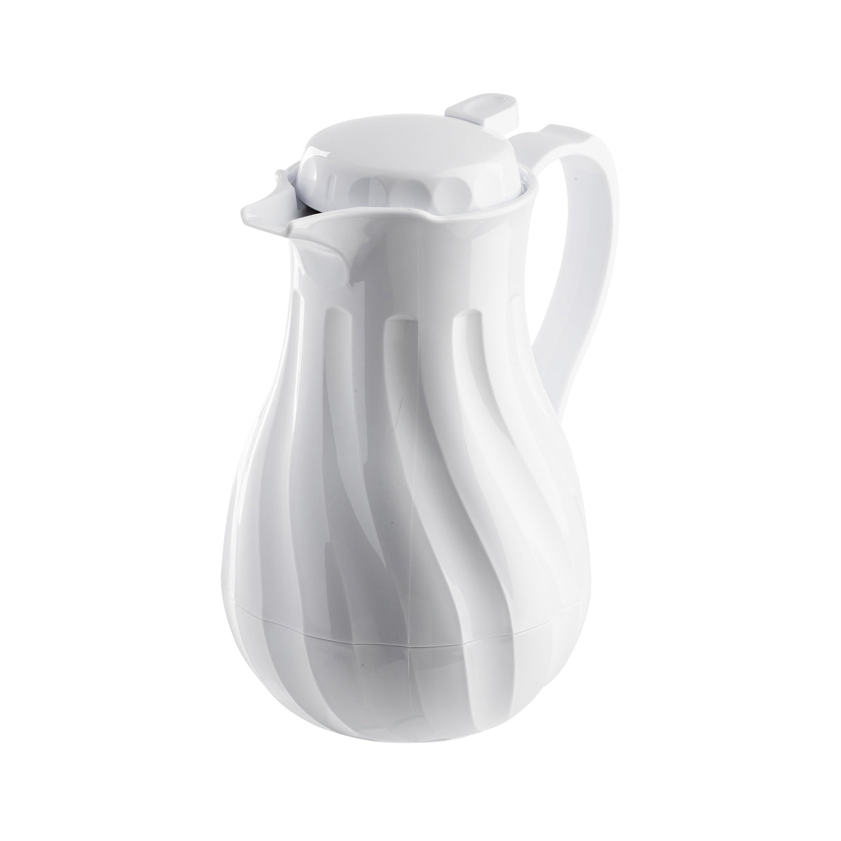 A glossy white coffee decanter with a curved, ribbed design features vertical, wavy ridges. The 40 oz thermos has triple wall insulation, a wide spout with a hinged lid, and an ergonomic handle, all shown against a plain white background.