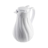 A glossy white coffee decanter with a curved, ribbed design features vertical, wavy ridges. The 40 oz thermos has triple wall insulation, a wide spout with a hinged lid, and an ergonomic handle, all shown against a plain white background.