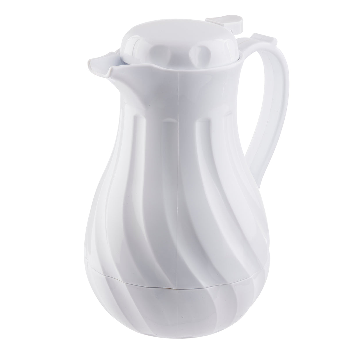 A white, plastic Coffee Decanter with a curved body, decorative swirling grooves, triple wall insulation, a handle, short spout, and round lid. Simple and modern design; the 40 oz carafe appears empty and clean against a plain white background.