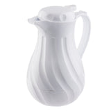 A white, plastic Coffee Decanter with a curved body, decorative swirling grooves, triple wall insulation, a handle, short spout, and round lid. Simple and modern design; the 40 oz carafe appears empty and clean against a plain white background.