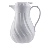 A white, plastic coffee decanter with a curved body and subtle spiral grooves. This 40 oz thermos jug features triple wall insulation, a handle and spout for pouring, plus a round lid with a small latch. Photographed against a plain white background.