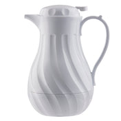 A white, plastic coffee decanter with a curved body and subtle spiral grooves. This 40 oz thermos jug features triple wall insulation, a handle and spout for pouring, plus a round lid with a small latch. Photographed against a plain white background.