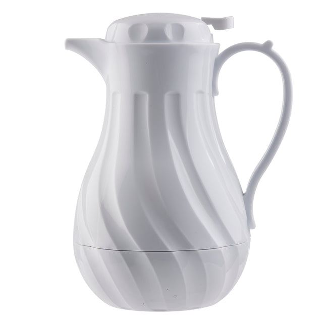A white, plastic coffee decanter with a curved body and subtle spiral grooves. This 40 oz thermos jug features triple wall insulation, a handle and spout for pouring, plus a round lid with a small latch. Photographed against a plain white background.