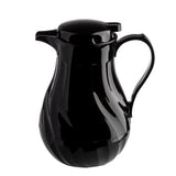 A glossy black coffee decanter with a curved body, triple wall insulation, and a pour spout. The hinged lid is closed. Its smooth, reflective surface stands out against the pure white background, highlighting the carafe’s 64 oz capacity and elegant shine.