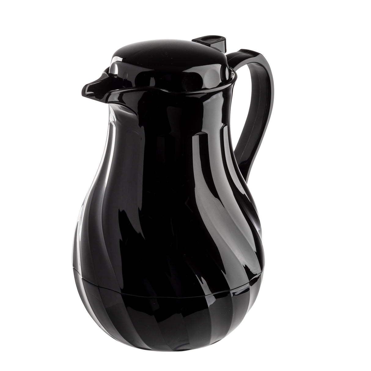 A glossy black coffee decanter with triple wall insulation, featuring a rounded, curvy body, a small spout, hinged lid, and large handle, shown against a plain white background.