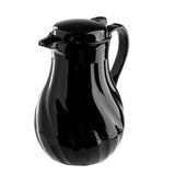 A glossy black coffee decanter with triple wall insulation, featuring a rounded, curvy body, a small spout, hinged lid, and large handle, shown against a plain white background.