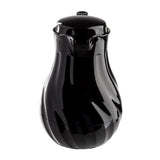 A glossy black coffee decanter with a curvy, swirled design and rounded lid. This 64 oz jug features a smooth, shiny surface, triple wall insulation for lasting heat, and is beautifully photographed against a white background.