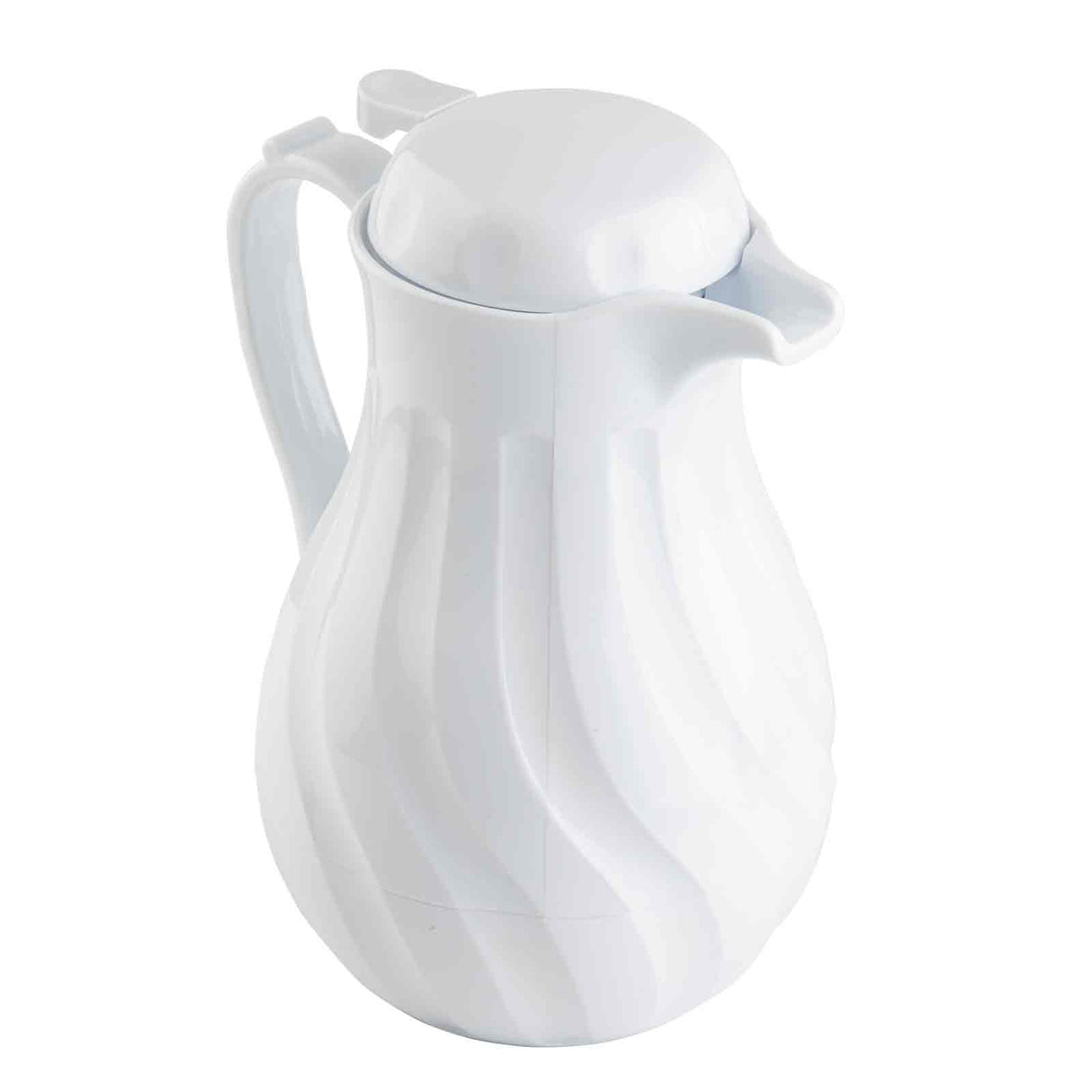 A white, plastic coffee decanter with a curved handle and lid. Featuring a wavy, textured design and slightly protruding spout, this 64 oz carafe boasts triple wall insulation. Photographed on a plain white background.